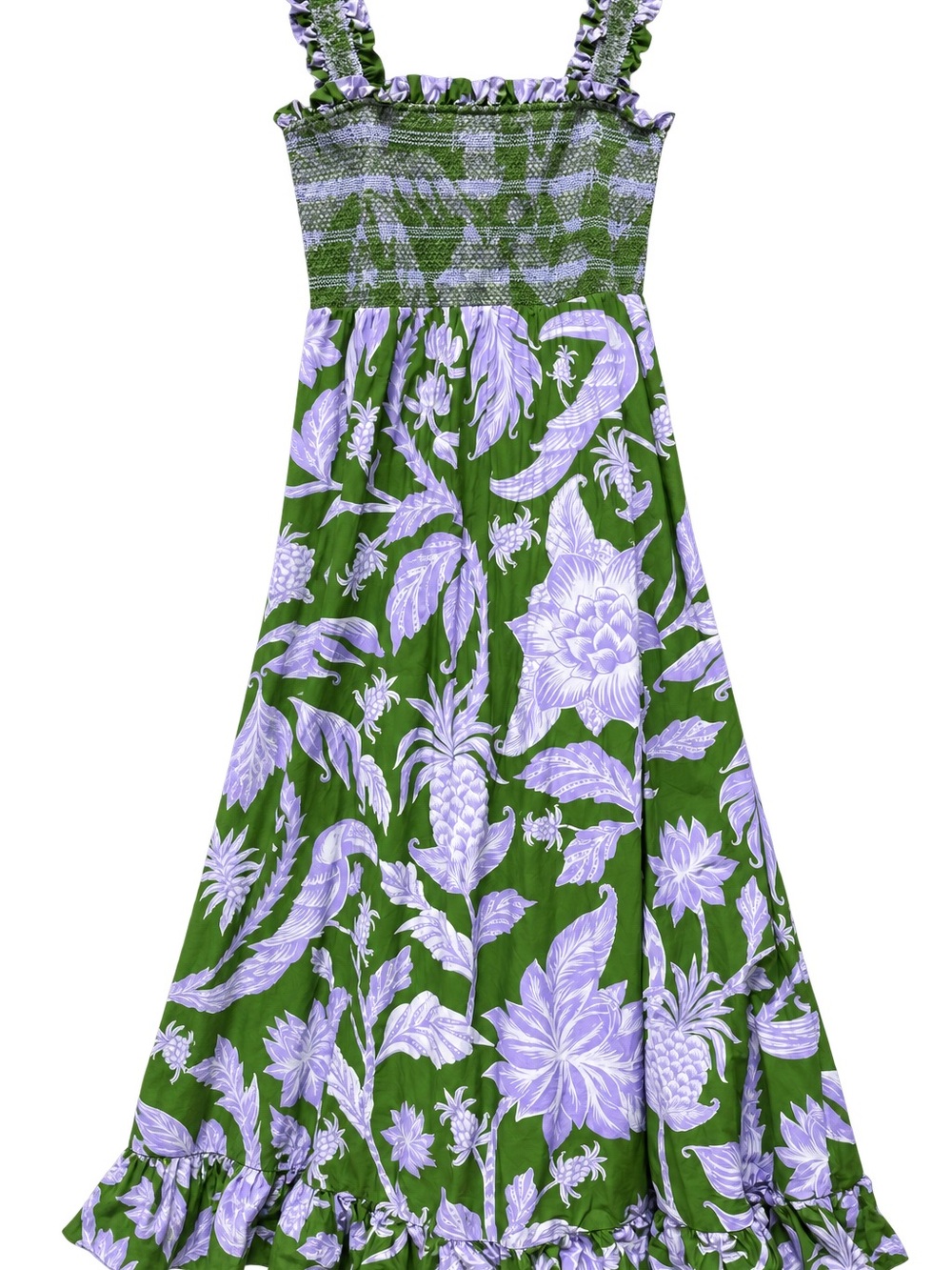 FARM Rio Green and Lavender Floral Smocked Midi Dress with Ruffle Straps